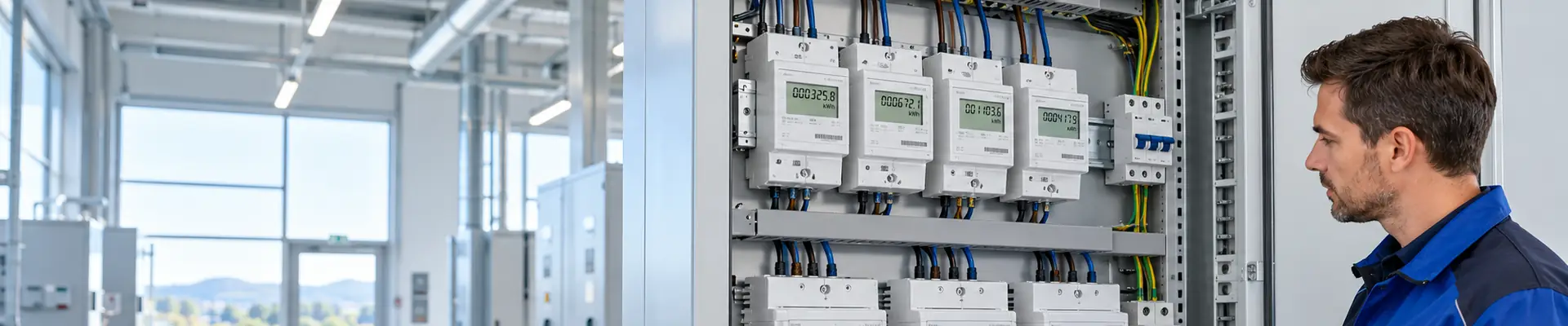 Technikus energiafogyasztásmérőkkel felszerelt ipari elosztószekrénynél