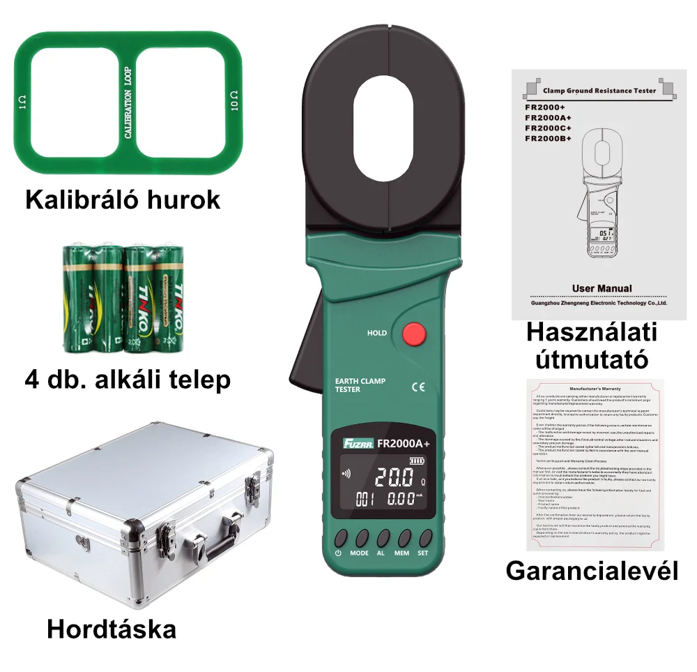 FR2000A+ műszer, mérőgyűrűk, elemek, műszertok és dokumentáció